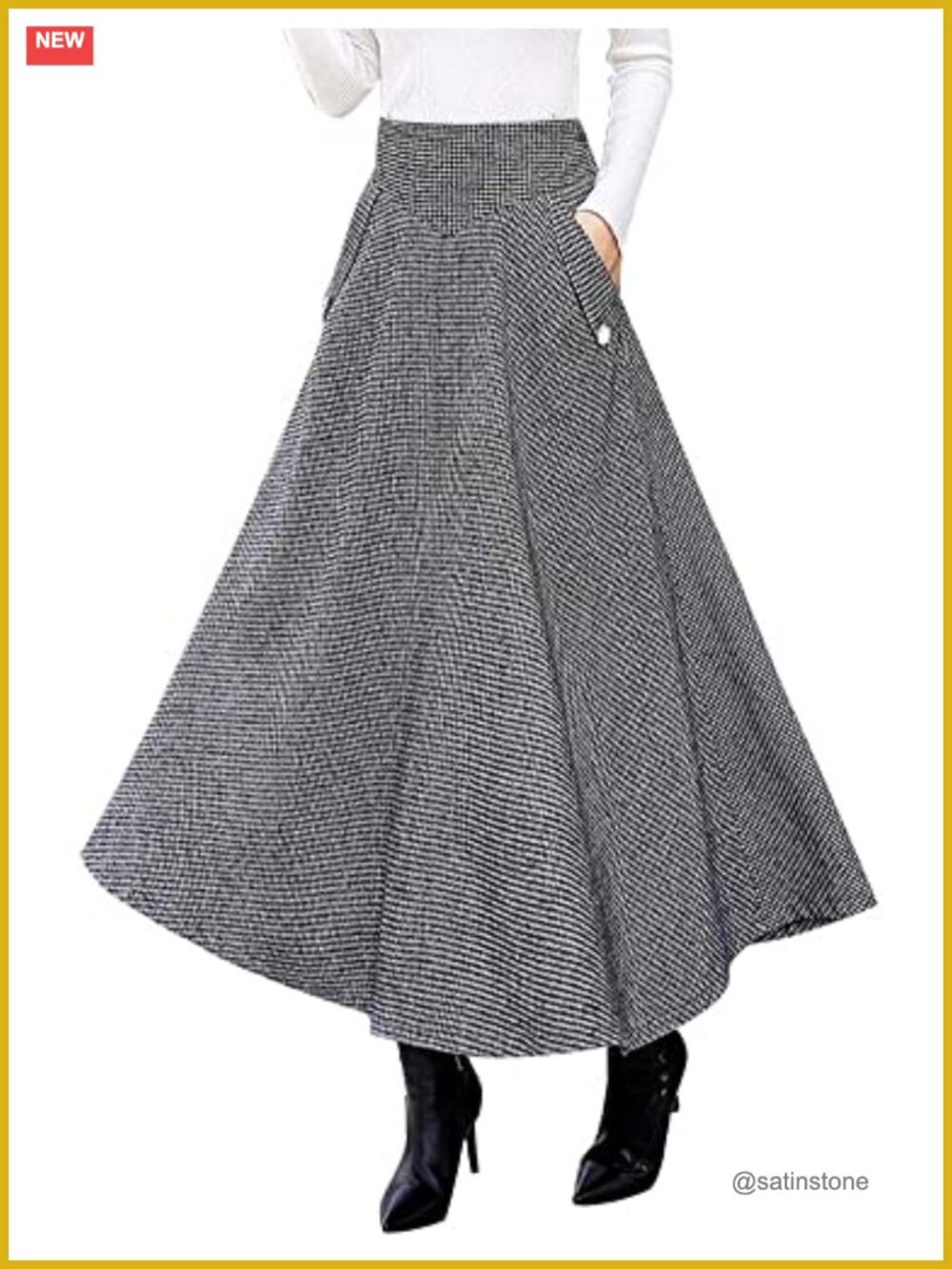 High Waisted Wool Plaid A-Line Long Maxi Skirt